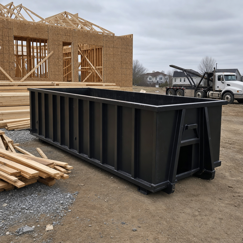 Matte-black 40-yard roll-off dumpster staged on a framed-out residential construction site in Rochester Hills, framing lumber stacked nearby, hooklift delivery truck visible in the background under bright Colorado daylight