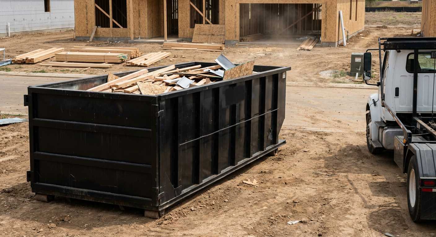 Matte-black 20-yard roll-off construction dumpster with heavy ribbed steel sidewalls and swing rear doors at a working jobsite in Rochester Hills, sitting directly on compacted dirt with an unmarked white hauler partially visible at the far edge of the frame.