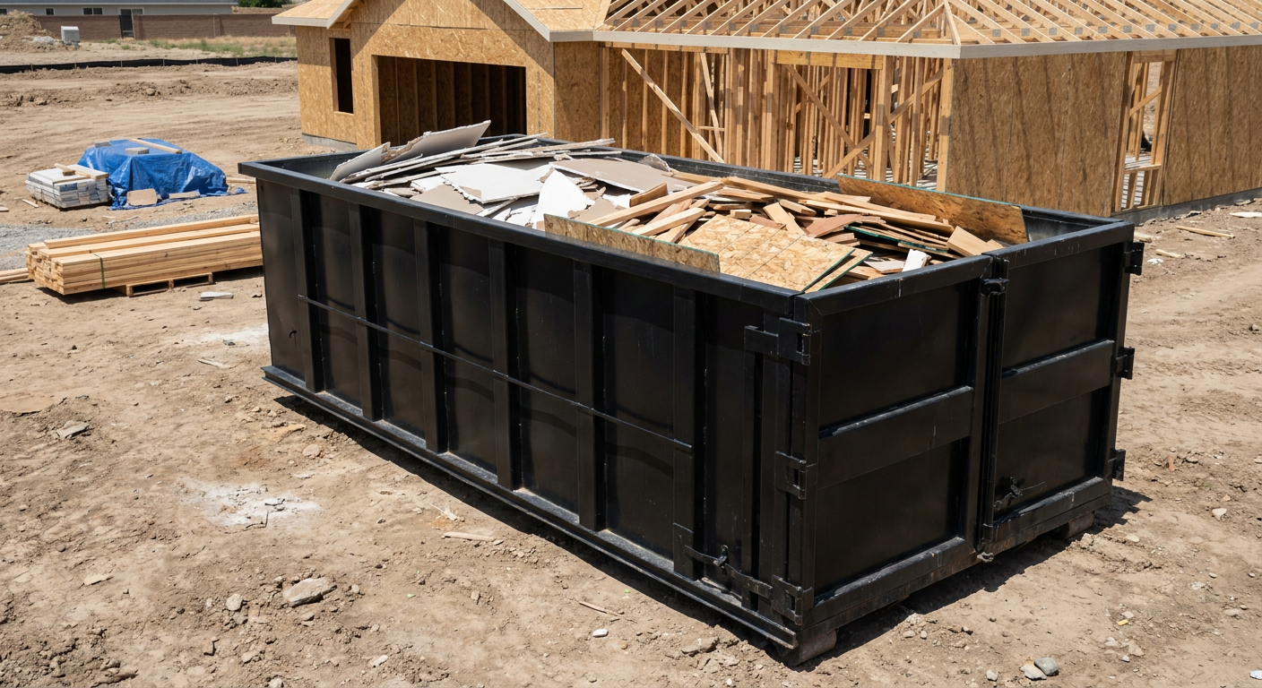 Matte-black 30-yard roll-off construction dumpster sitting directly on the compacted-dirt site of a framed single-family home build in Rochester Hills, drywall and lumber scrap loaded inside.