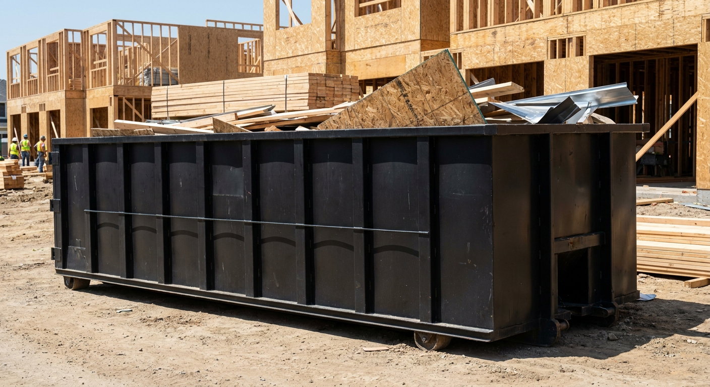 Matte-black 40-yard roll-off construction dumpster being lowered from a white-cab hooklift delivery truck onto the compacted-dirt jobsite at a commercial build site in Rochester Hills