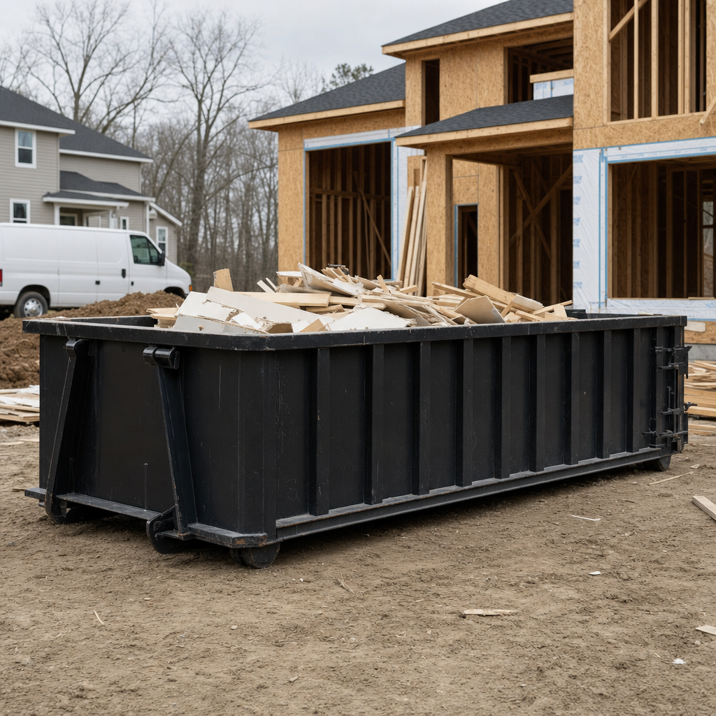 Worker in a yellow high-visibility vest tossing framing lumber and broken drywall into a matte-black 30-yard construction roll-off dumpster on an active build site in Rochester Hills, bright daylight