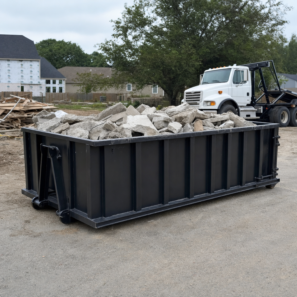 Low-profile matte-black lowboy roll-off dumpster loaded with broken concrete slab and rebar at a foundation tear-out in Rochester Hills, skid steer parked beside it, sunny Colorado morning