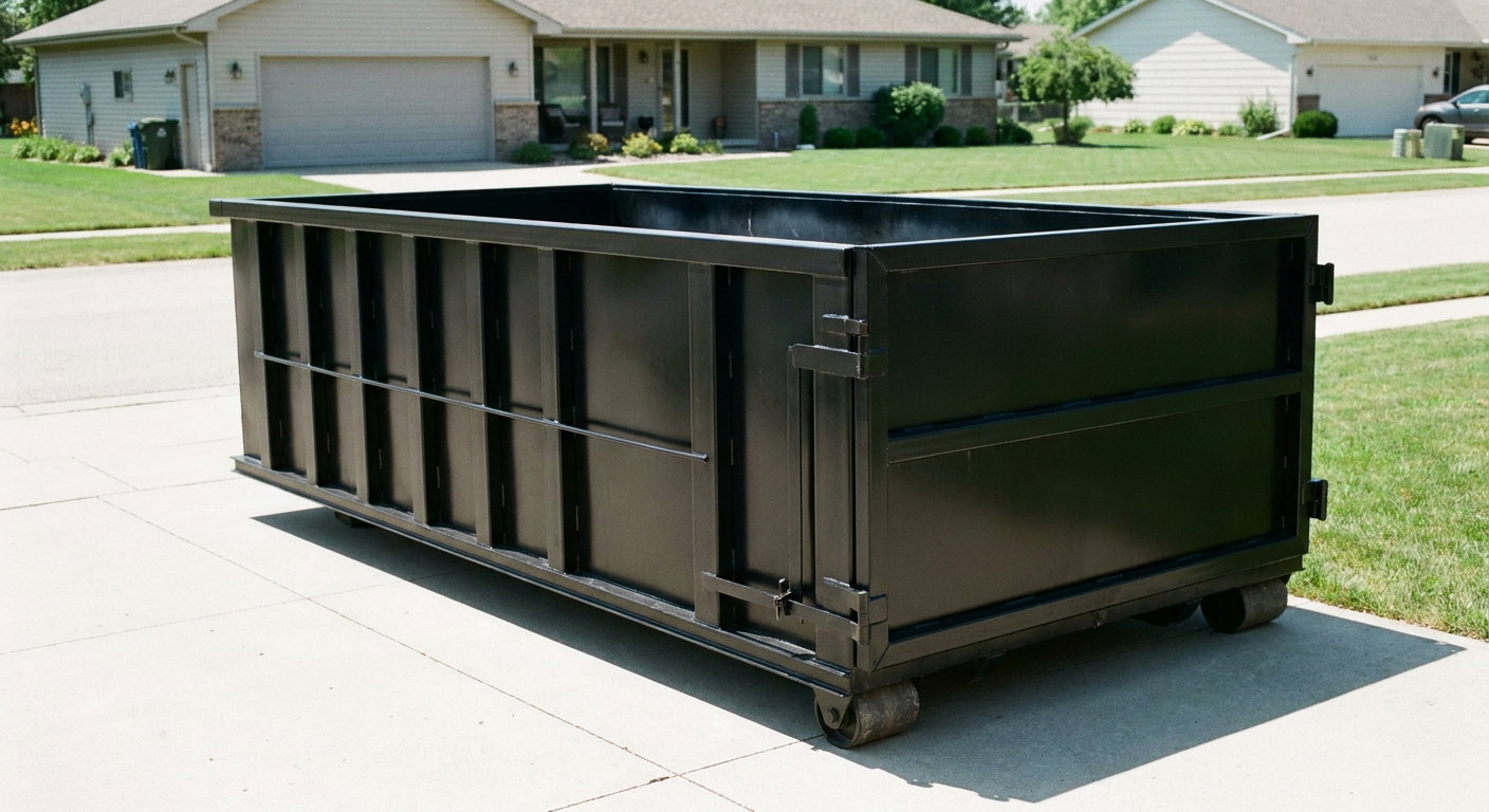 Matte-black 10-yard roll-off dumpster on a residential concrete driveway in Rochester Hills, uniformly painted matte black across every panel and rail, ribbed steel sidewalls and rear swing door visible, mid-day daylight.