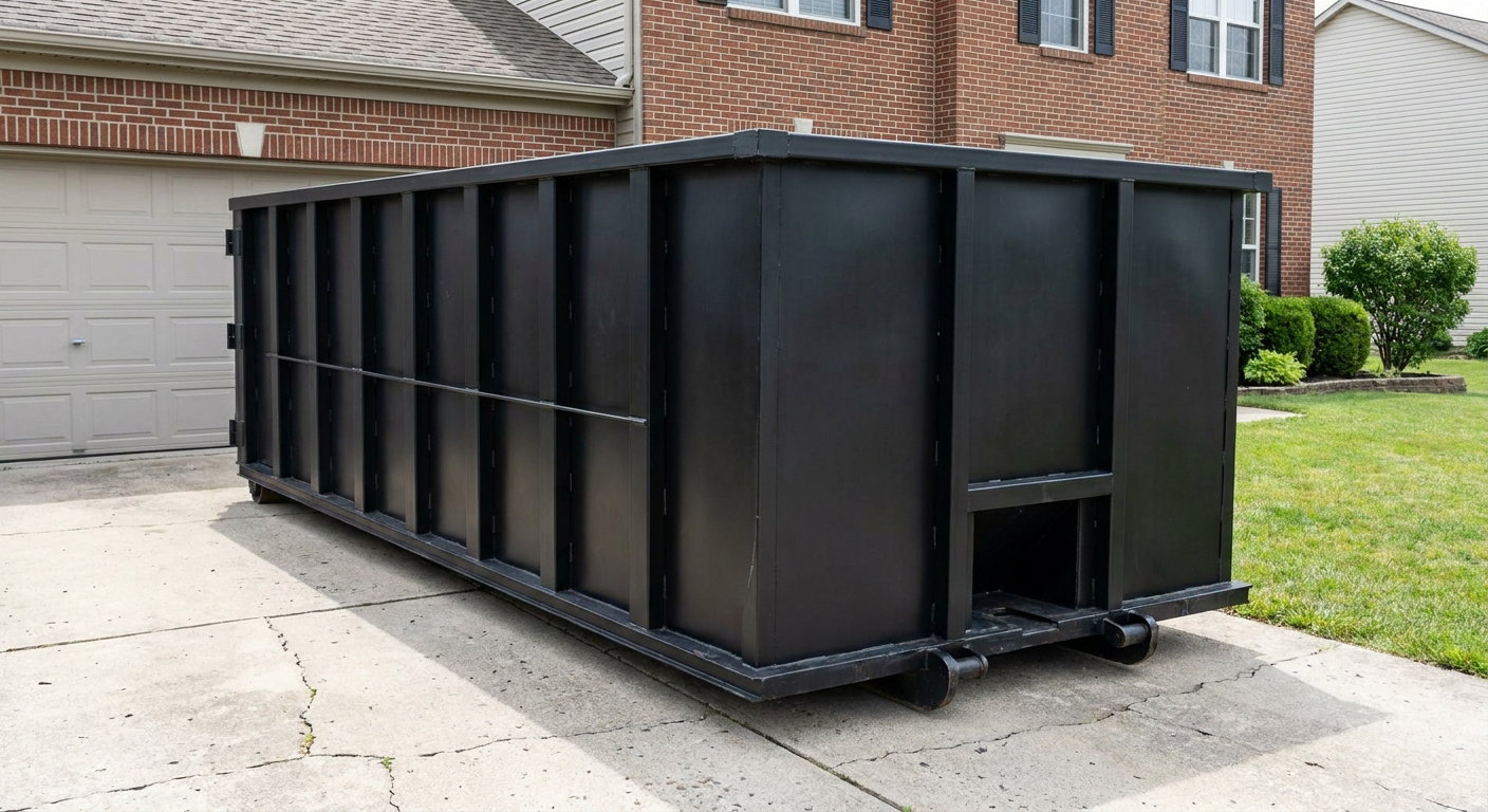 Matte-black 20-yard roll-off container on a Rochester Hills residential concrete driveway with reinforced ribbed steel sidewalls and a hinged rear walk-in door, clean bright daylight.
