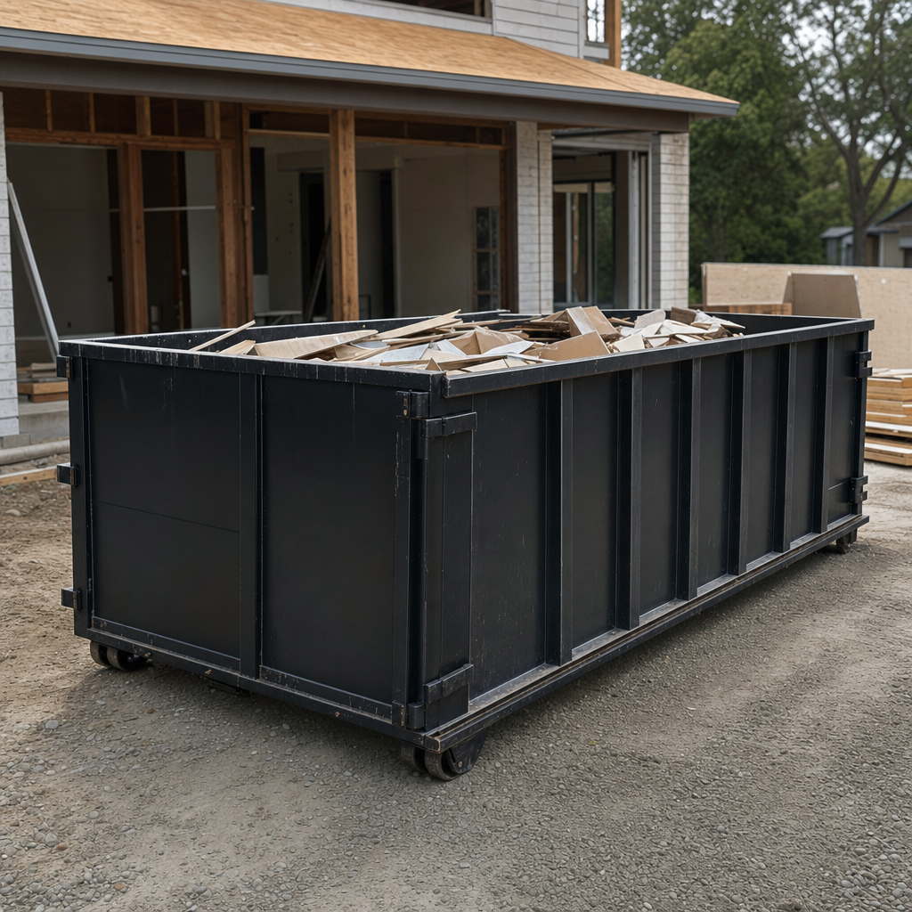 Large matte-black 30-yard construction roll-off dumpster at an active Rochester Hills jobsite, steel-gray top rails and bottom rollers visible, loaded with construction debris.