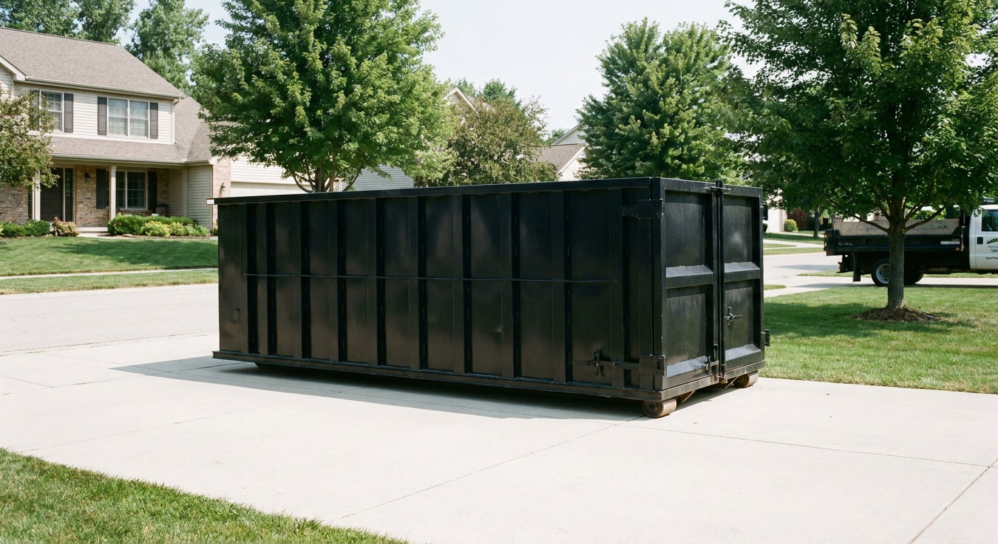 Matte-black 20-yard roll-off dumpster sitting level on a clean Rochester Hills residential concrete driveway under bright daylight, demonstrating clean placement directly on the concrete.
