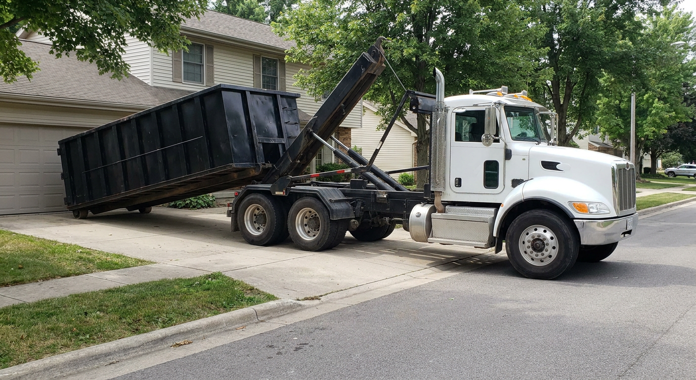 White-cab hooklift roll-off truck actively lowering a matte-black dumpster onto a Rochester Hills residential concrete driveway, the dumpster's rear wheels touching the driveway as the hoist arm tilts the bed forward, mid-morning daylight.