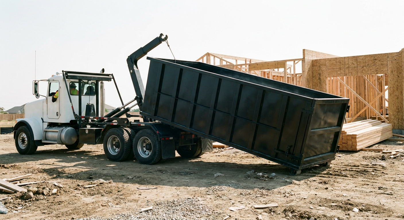 Matte-black roll-off dumpster being delivered onto a clean residential concrete driveway in Rochester Hills by an unmarked white hooklift hauler truck, bright morning daylight, documentary 35mm perspective.