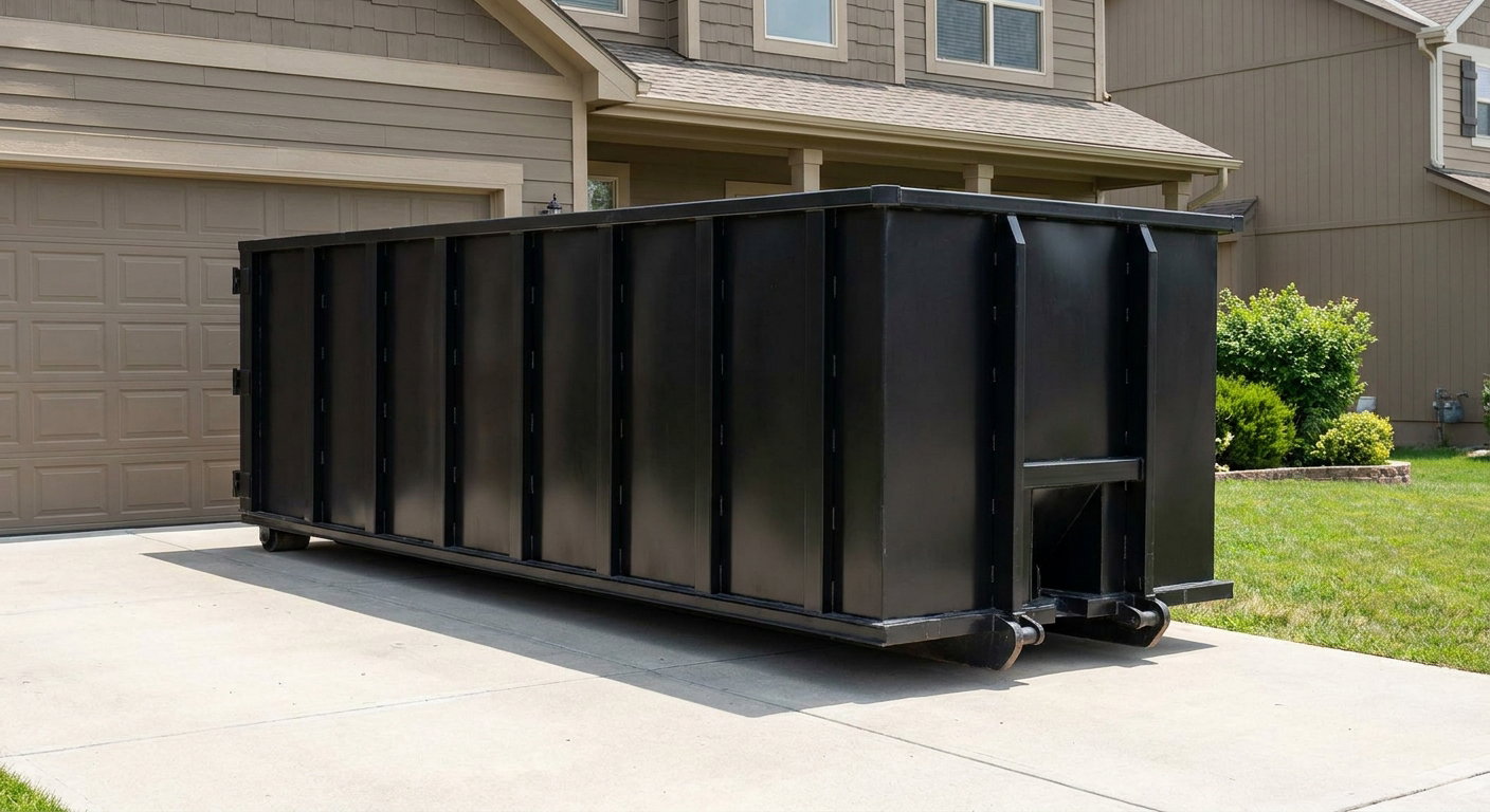 Matte-black residential roll-off dumpster sitting directly on a suburban Rochester Hills concrete driveway, garage door closed, single-family home in background, bright morning daylight.