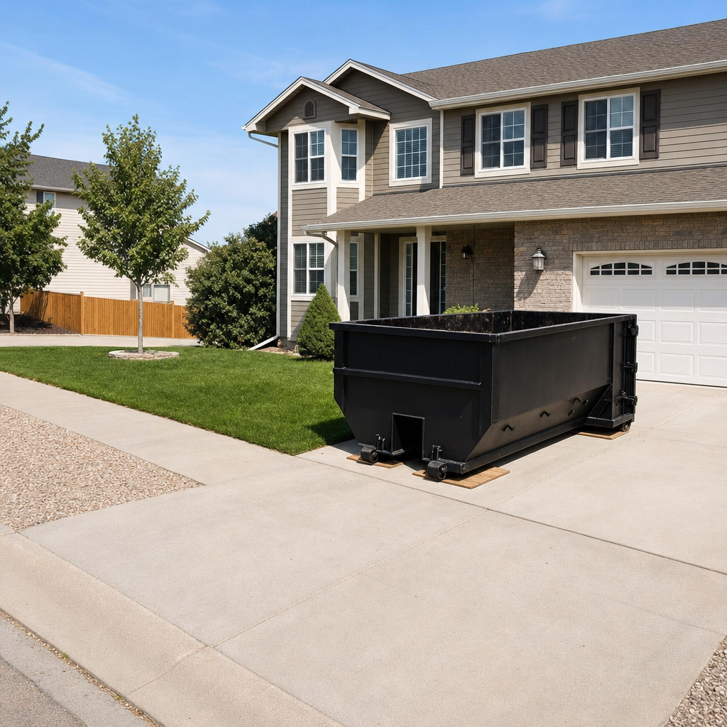 10-yard matte-black residential dumpster placed directly on a narrow Rochester Hills concrete driveway, room remains for a parked sedan beside it, mid-morning natural light