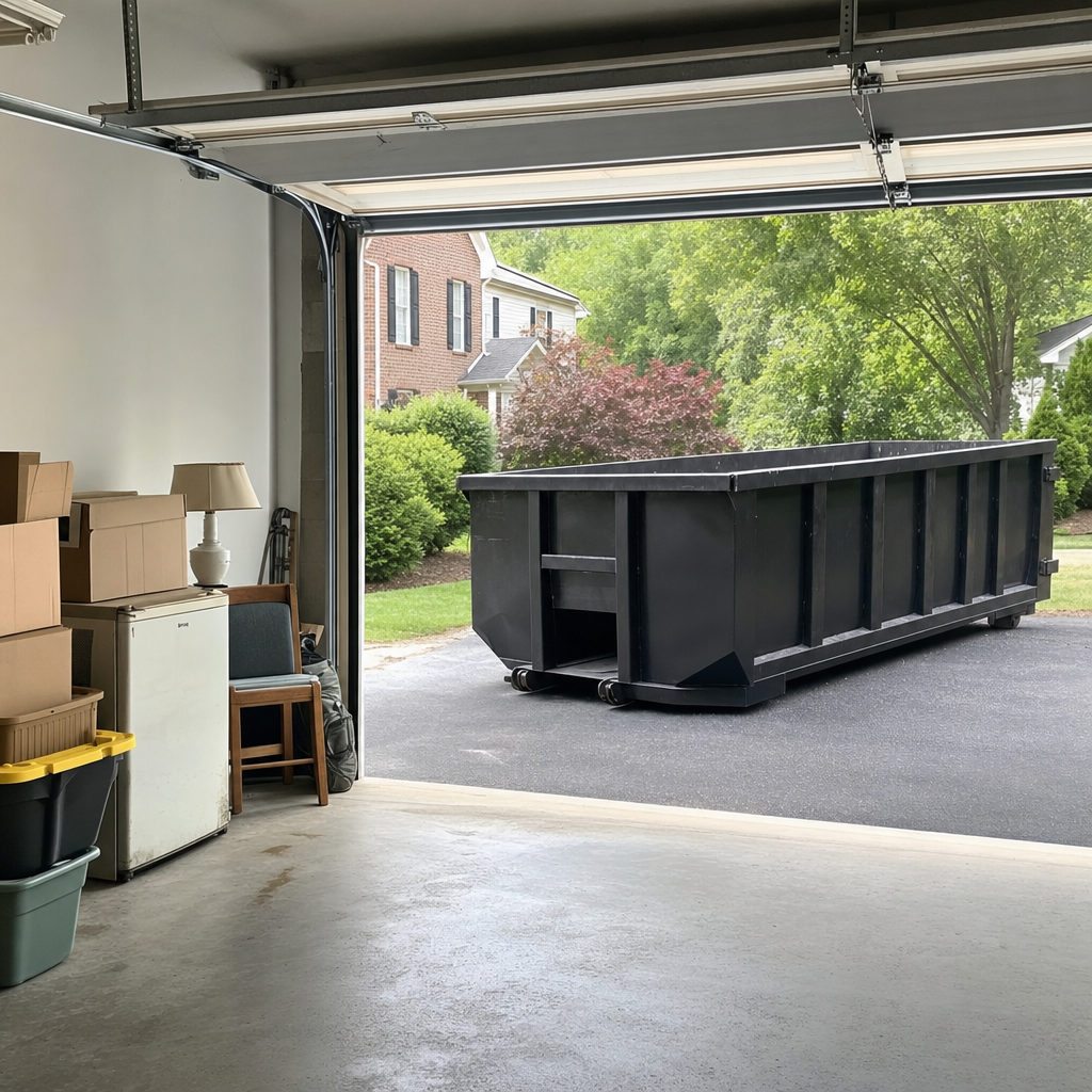 Open garage interior in a Rochester Hills home mid-cleanout — boxed items, an old appliance, and stacked yard tools queued near the driveway for a matte-black roll-off dumpster, organized and calm