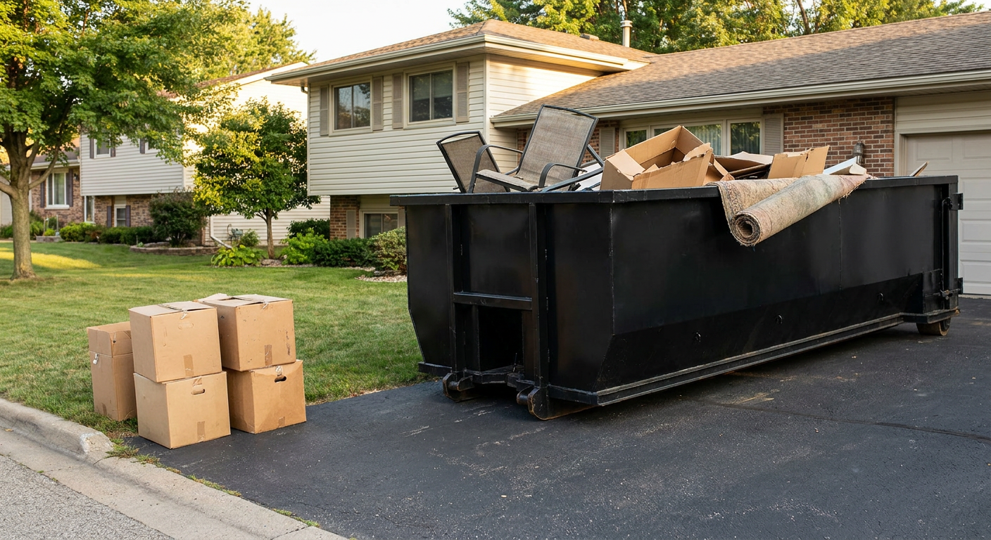 Front-yard view of a Rochester Hills split-level home with a 20-yard matte-black roll-off dumpster sitting directly on the asphalt driveway, a few clearly labeled donation boxes staged at the curb, calm sunny afternoon.