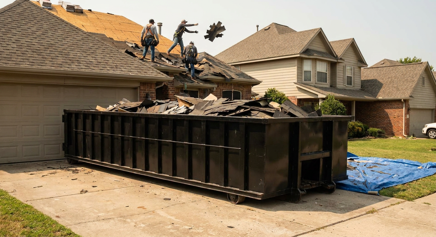 Matte-black roofing roll-off dumpster placed directly on a Rochester Hills residential concrete driveway, a tear-off crew on a two-story asphalt-shingle roof tossing shingle bundles into the low-walled container, bright daylight, documentary 35mm perspective.