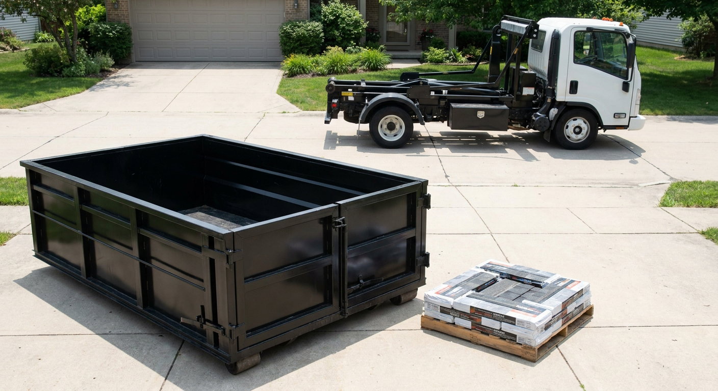 Matte-black 15-yard roofing roll-off dumpster with reinforced low side walls sitting directly on a Rochester Hills residential concrete driveway, three-tab asphalt shingle bundles stacked nearby, an unmarked white hauler truck partially visible at the edge of the frame.