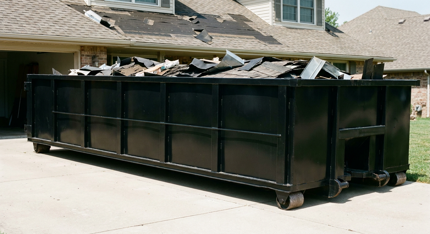 Matte-black 20-yard roofing roll-off dumpster with steel ribbed sides and swinging rear door, sitting directly on the concrete driveway of a two-story Rochester Hills home, asphalt shingle debris being loaded over the low wall, clean documentary lighting.