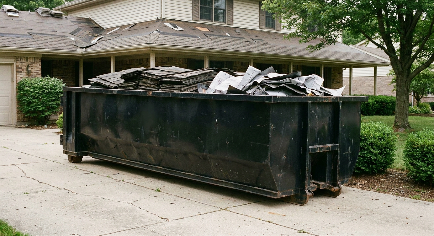 Matte-black 30-yard roofing roll-off dumpster sitting directly on a Rochester Hills concrete driveway, taller ribbed steel side panels, mixed tear-off debris of asphalt shingles and underlayment inside, professional documentary daylight.