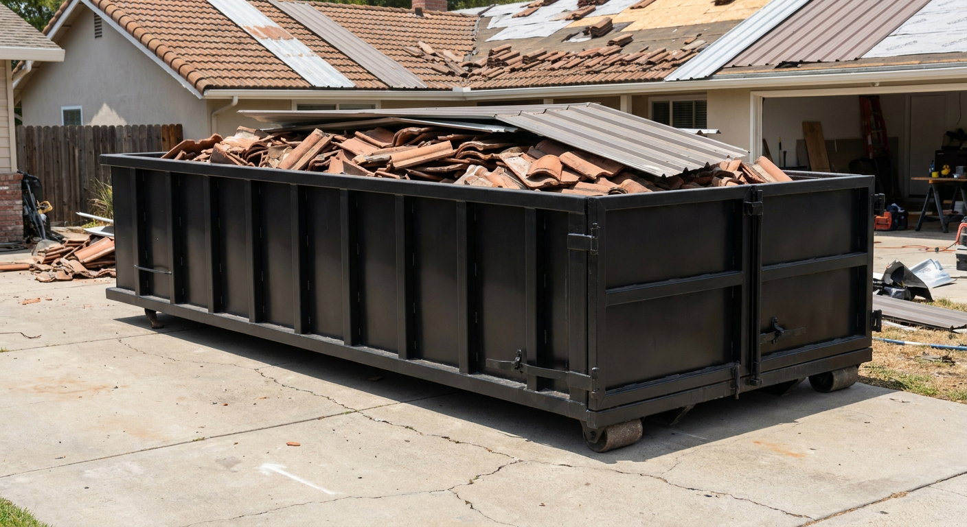Matte-black low-wall heavy-debris roofing roll-off dumpster sitting directly on a Rochester Hills concrete driveway, broken concrete clay roof tiles and metal panel sections loaded inside, reinforced ribbed steel side walls visible, bright outdoor daylight.