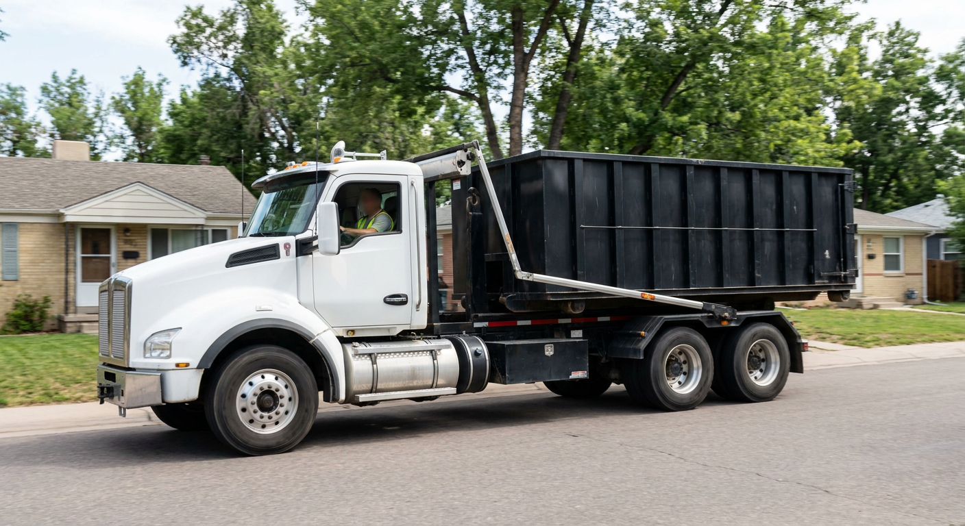 A wide documentary shot of a matte-black roll-off delivery truck pulling onto a quiet Rochester Hills residential street at mid-morning, with neighborhood rooftops and tree-lined blocks visible behind, showing the metro coverage footprint.
