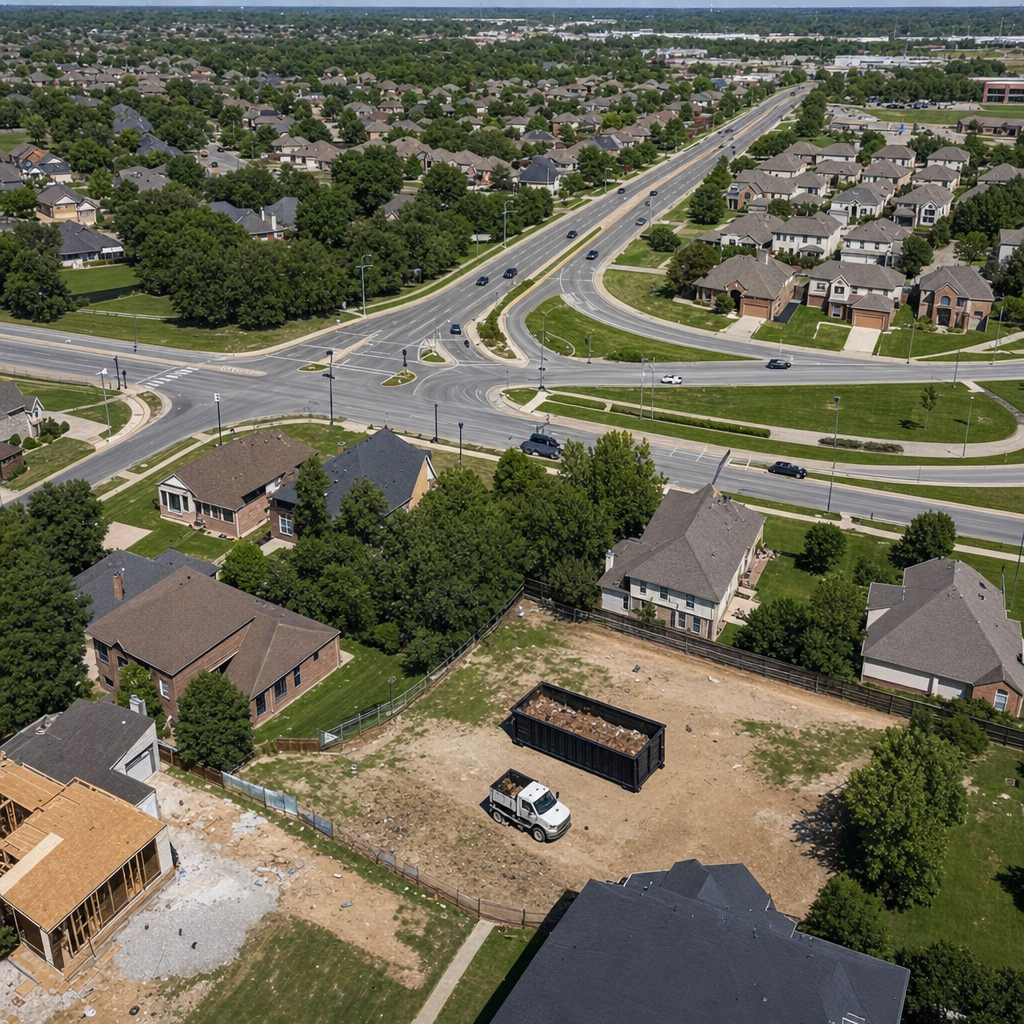 An overhead documentary view of the Rochester Hills metro area at midday, showing the spread of neighborhoods, arterial roads, and the dispatch radius from a central yard — clean daylight, organized geographic layout.