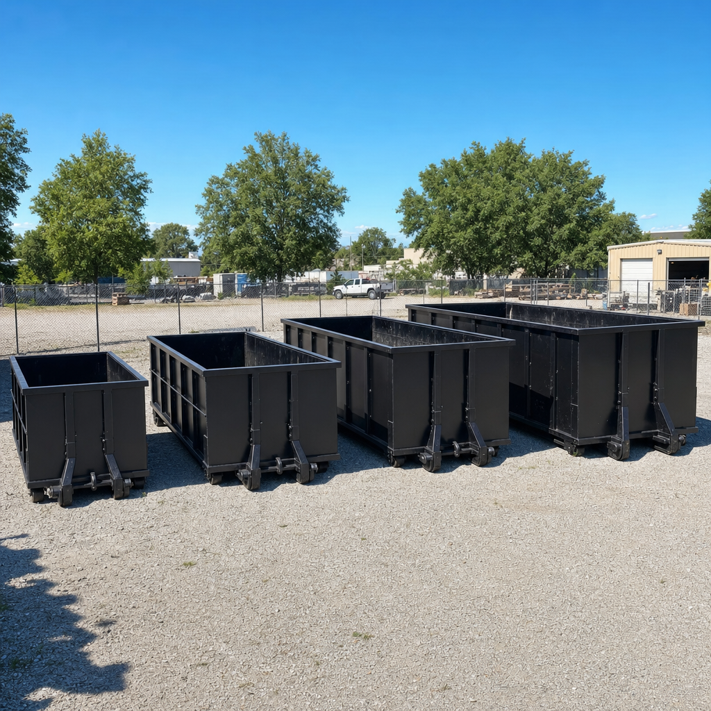 A clean lineup of matte-black roll-off dumpsters in 10, 20, 30, and 40-yard sizes staged on a sunlit gravel yard in Rochester Hills, showing the size progression from compact to commercial-scale containers.