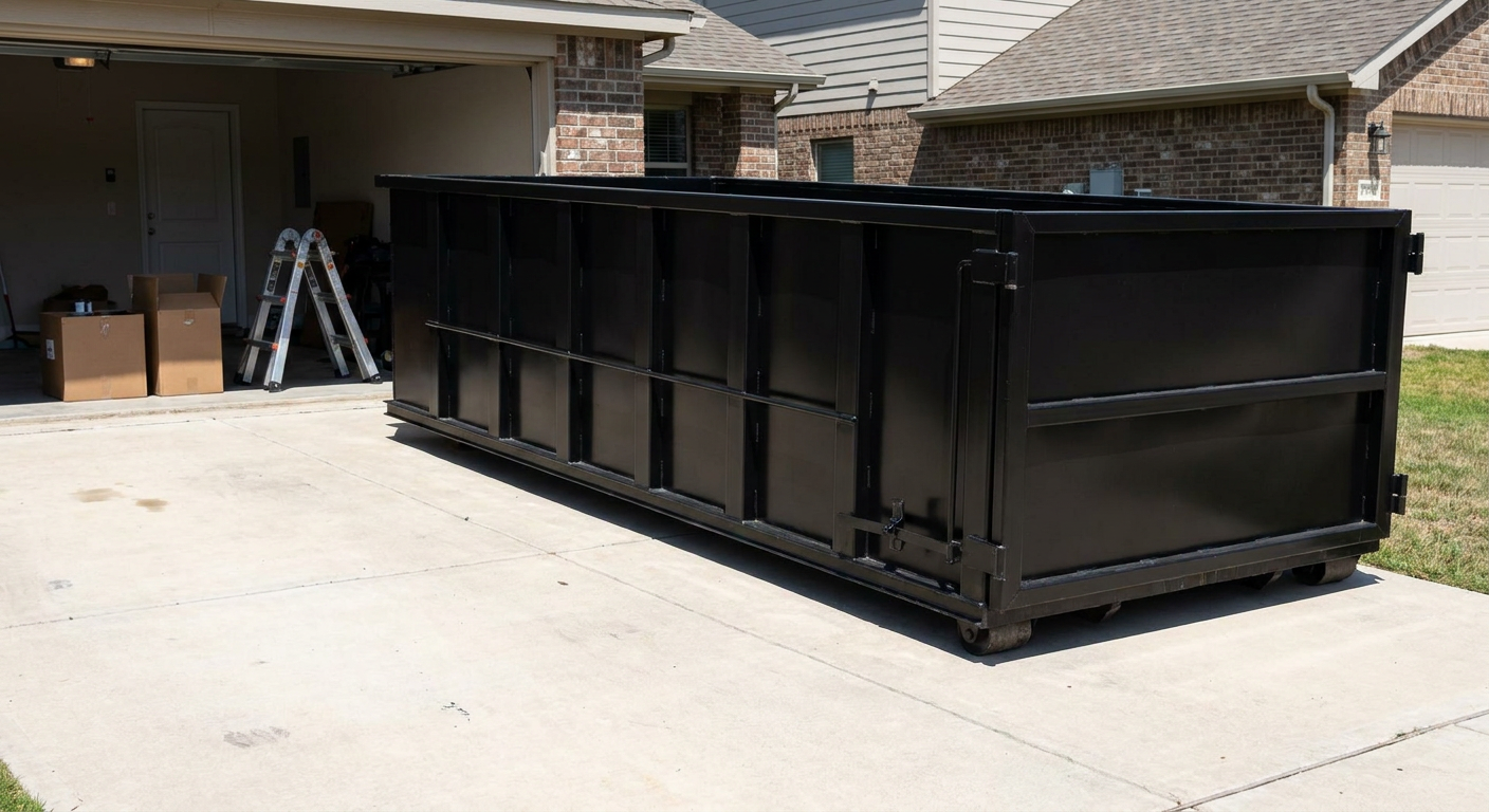 A matte-black 10-yard roll-off dumpster sitting directly on a residential Rochester Hills concrete driveway, mid-day sunlight, clean and ready for a garage cleanout.