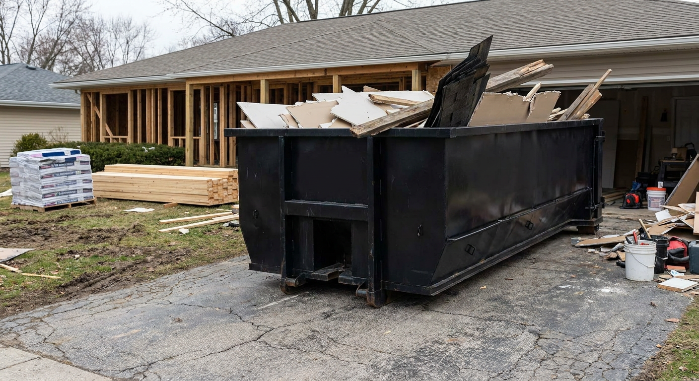 A matte-black 20-yard roll-off dumpster placed alongside a mid-renovation Rochester Hills home directly on the asphalt driveway, with framing materials and torn-off shingles staged neatly nearby.