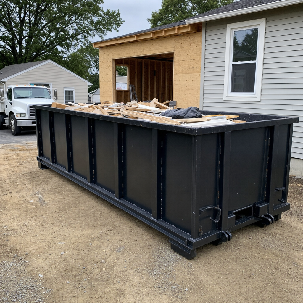 A matte-black 30-yard roll-off dumpster positioned at a Rochester Hills residential addition jobsite, with framing lumber and drywall scraps loaded through the open swinging rear doors.