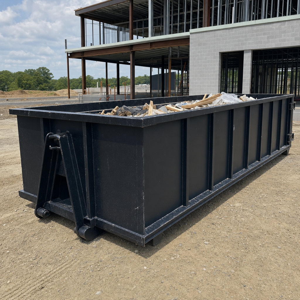 A matte-black 40-yard roll-off dumpster staged on a large Rochester Hills commercial construction lot, with a hooklift delivery truck parked alongside under bright midday sky.