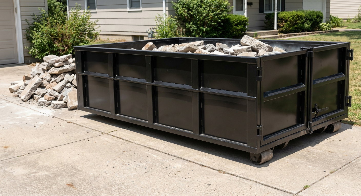 A matte-black low-side heavy-debris roll-off dumpster placed directly on a Rochester Hills concrete driveway, with broken concrete chunks neatly stacked beside it under clean daylight.